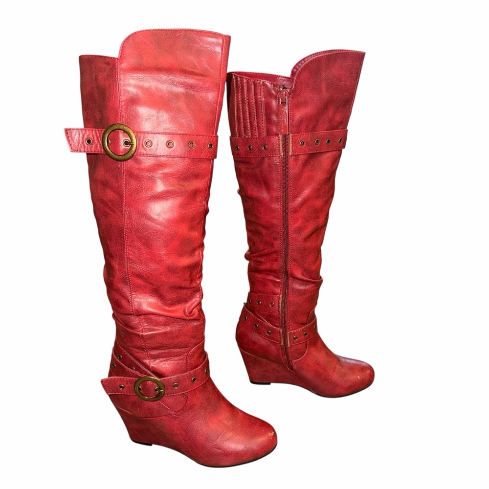 Forever Young ALKA Red Over The Knee Wedge Boots - Size 6 - Picture 7 of 14